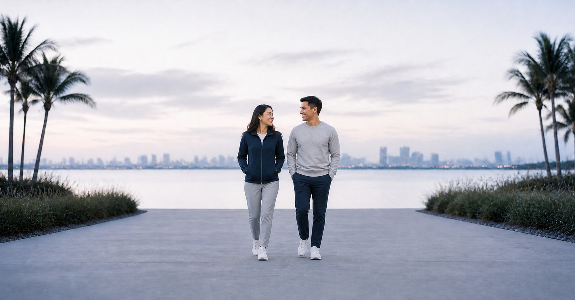 People walking together along a waterfront path at dusk.